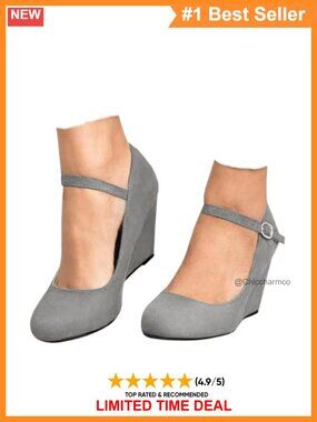 Coutgo Women's Wedge Pumps Mary Jane Shoes Suede Closed Toe Ankle Strap
